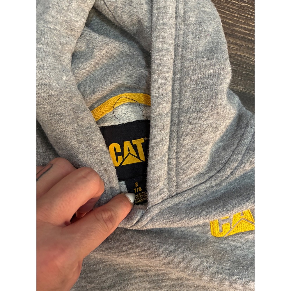 Caterpillar CAT Kids Hoodie Gray Yellow Logo Pullover Sweatshirt Size 7/8